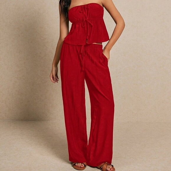 Red Sexy Women's Summer Fashion Linen Crop Top & Wide Leg Trouser Set - Picture 6 of 6